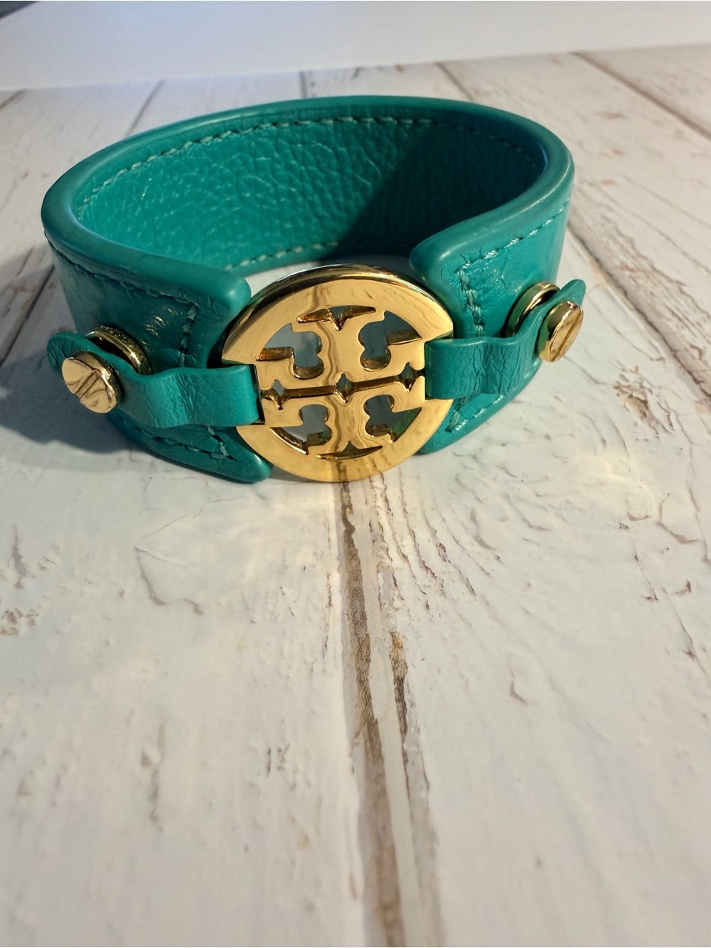 Tory Burch Teal Leather Logo Cuff with Gold Medallion - Picture 2 of 11
